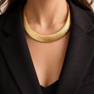 Gold Ribbed Collar Statement Necklace – Bold Modern Sculptural Bib – Adjustable